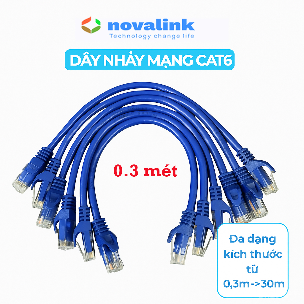 Bán Dây nhẩy mạng cat6 dài 30cm chính hãng Novalink mầu xanh,lõi đồng mềm 24AWG, băng thông 550Mhz mã NV-20118A